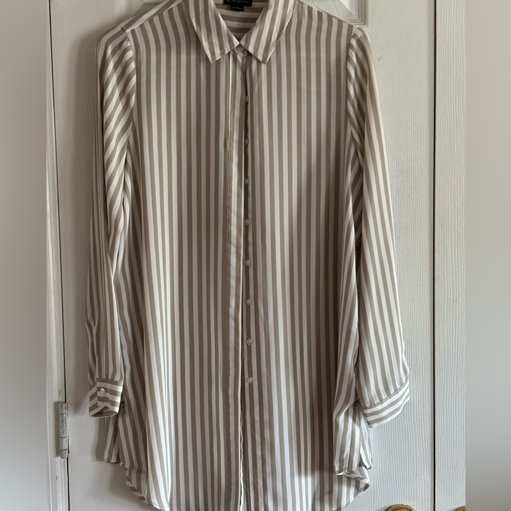New Directions Beige Striped Button-Down Shirt